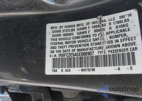 2016 Honda Civic Lx from USA, damaged, VIN 19XFC2E54GE080907